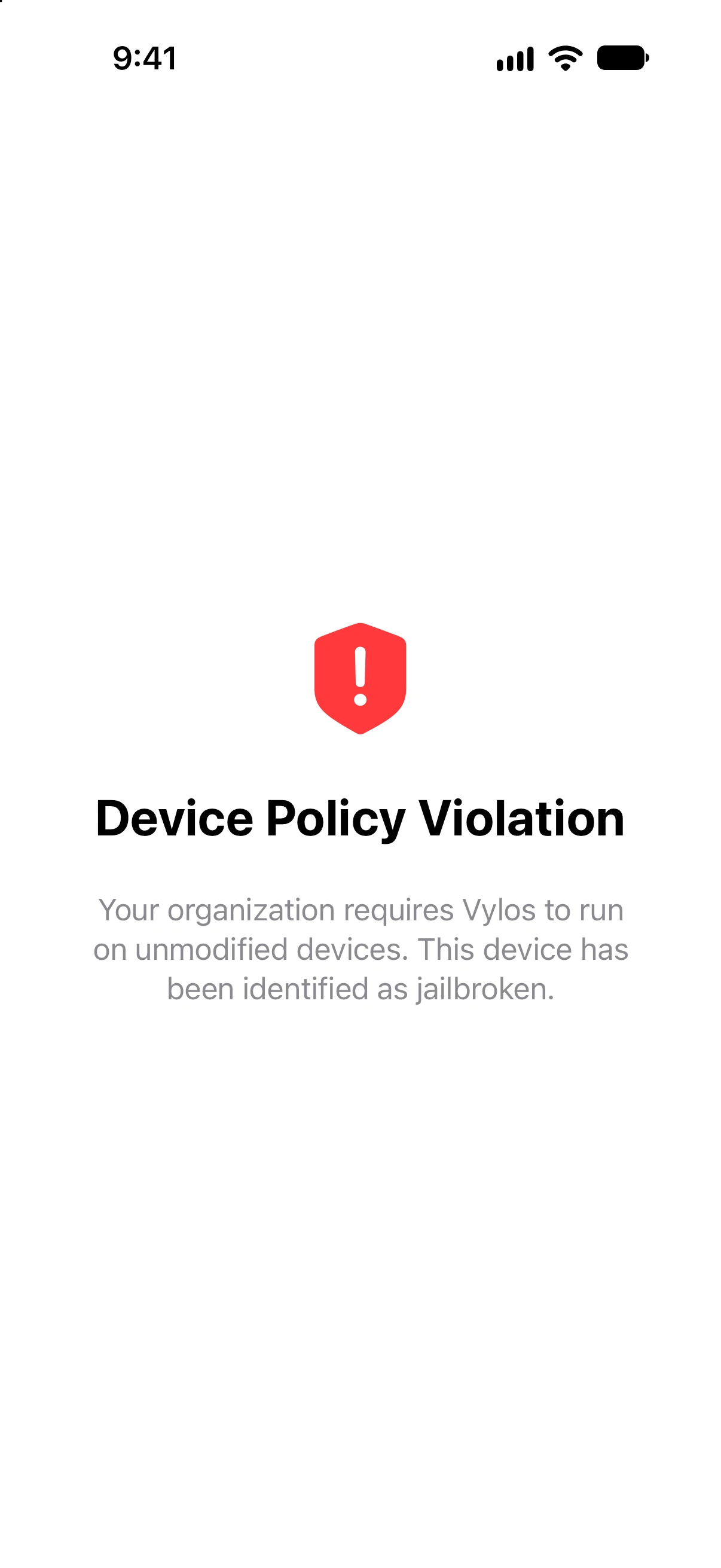 Full-screen Device Policy Violation shown when managed jailbreak blocking detects a modified iOS device
