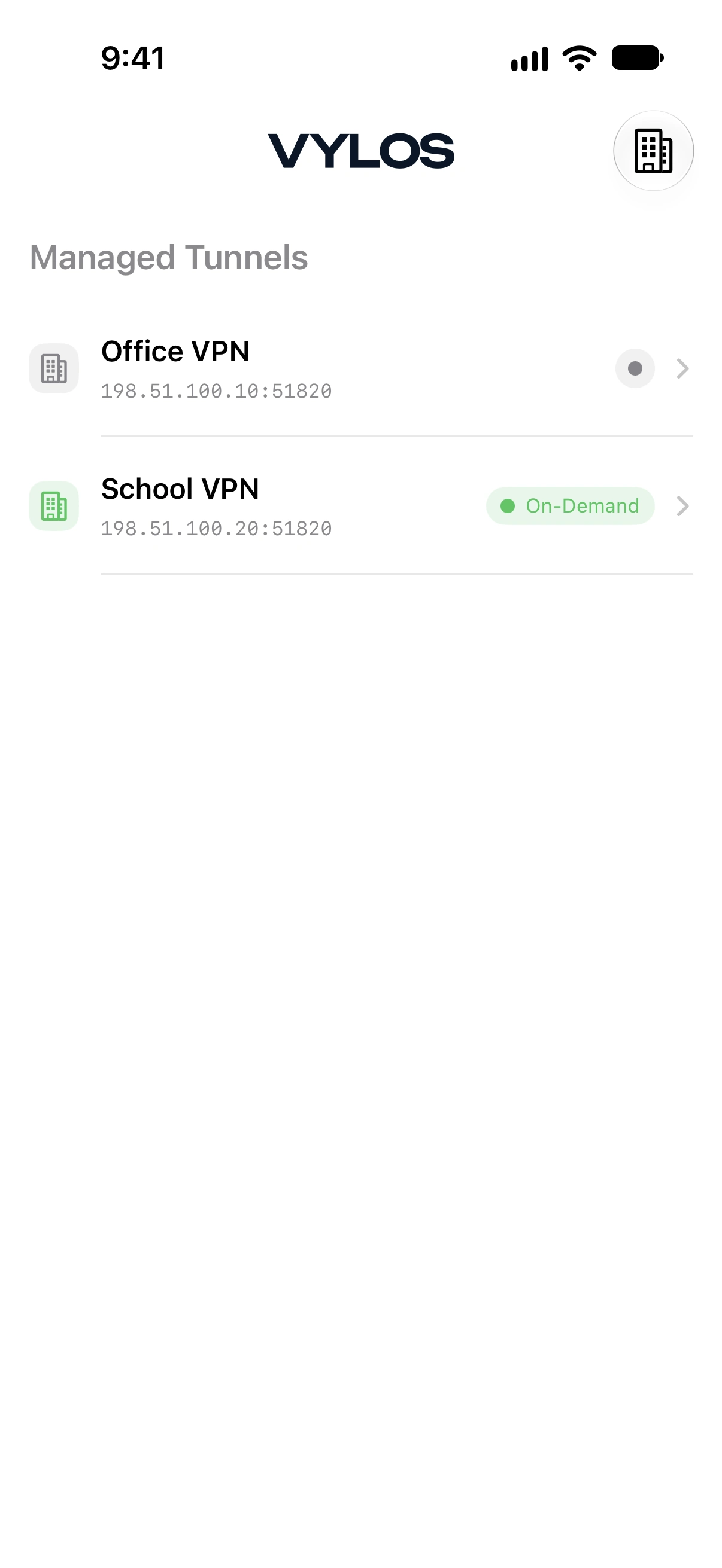Home screen on a managed device showing the Managed Tunnels section