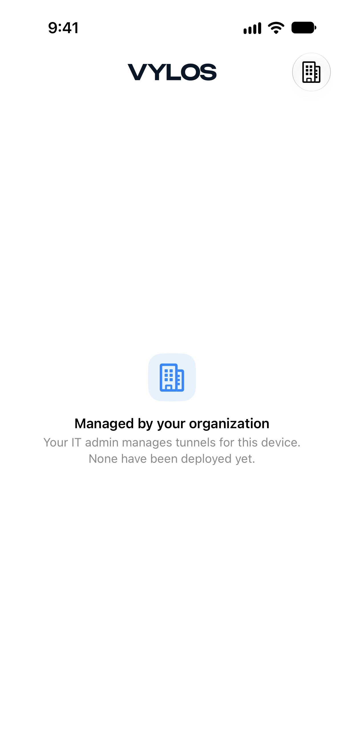 Managed Vylos Home screen explaining that the organization has not assigned any tunnels