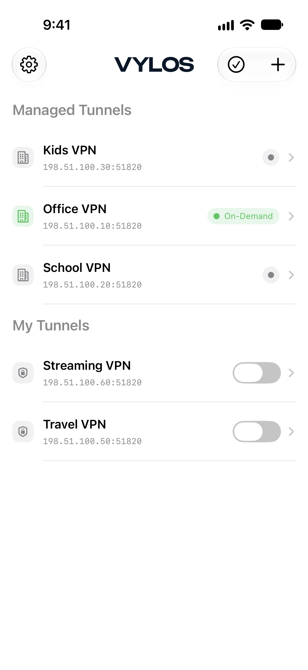 Vylos home screen with Managed Tunnels and My Tunnels sections