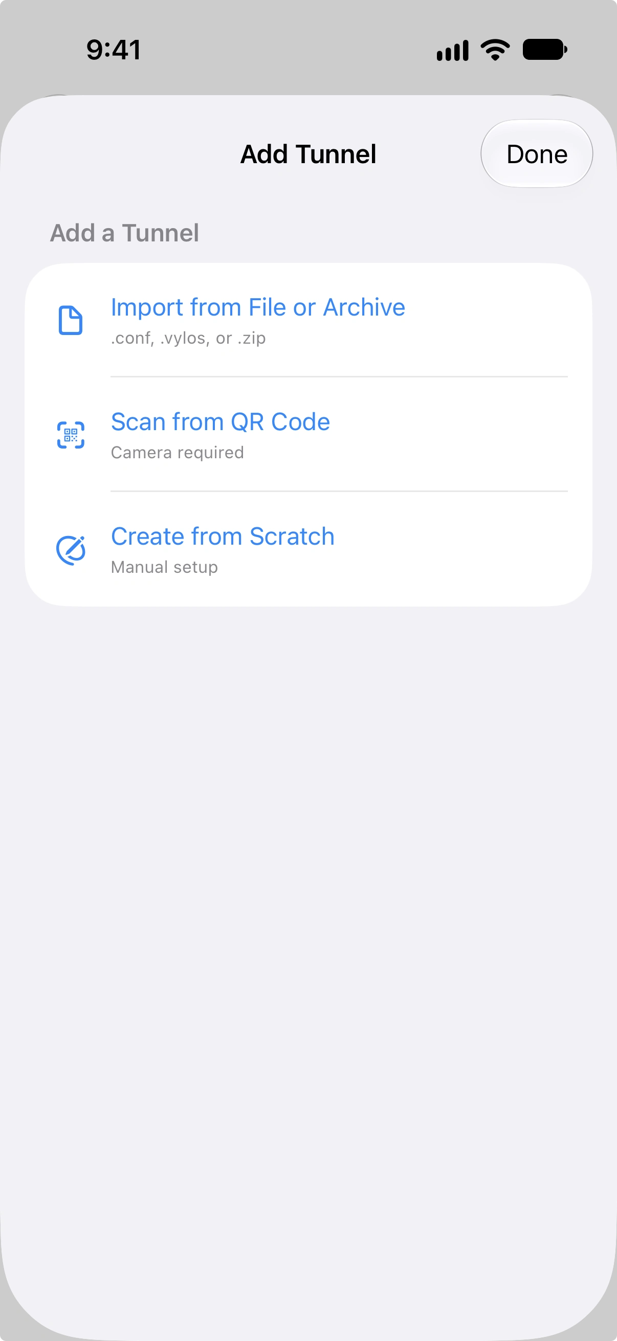 Add Tunnel menu showing Import, Scan QR, and Create options