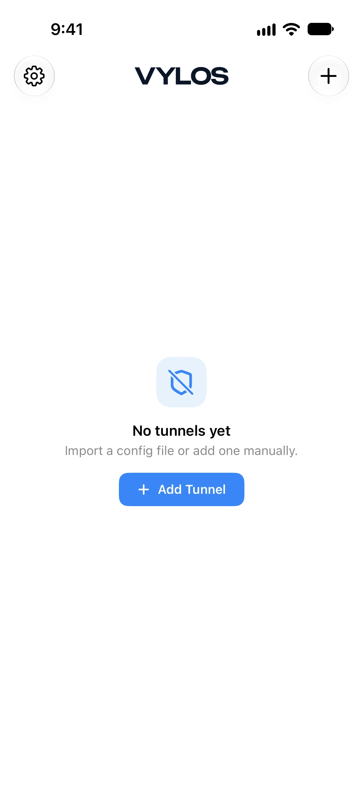 Empty home screen with shield icon and Add Tunnel button
