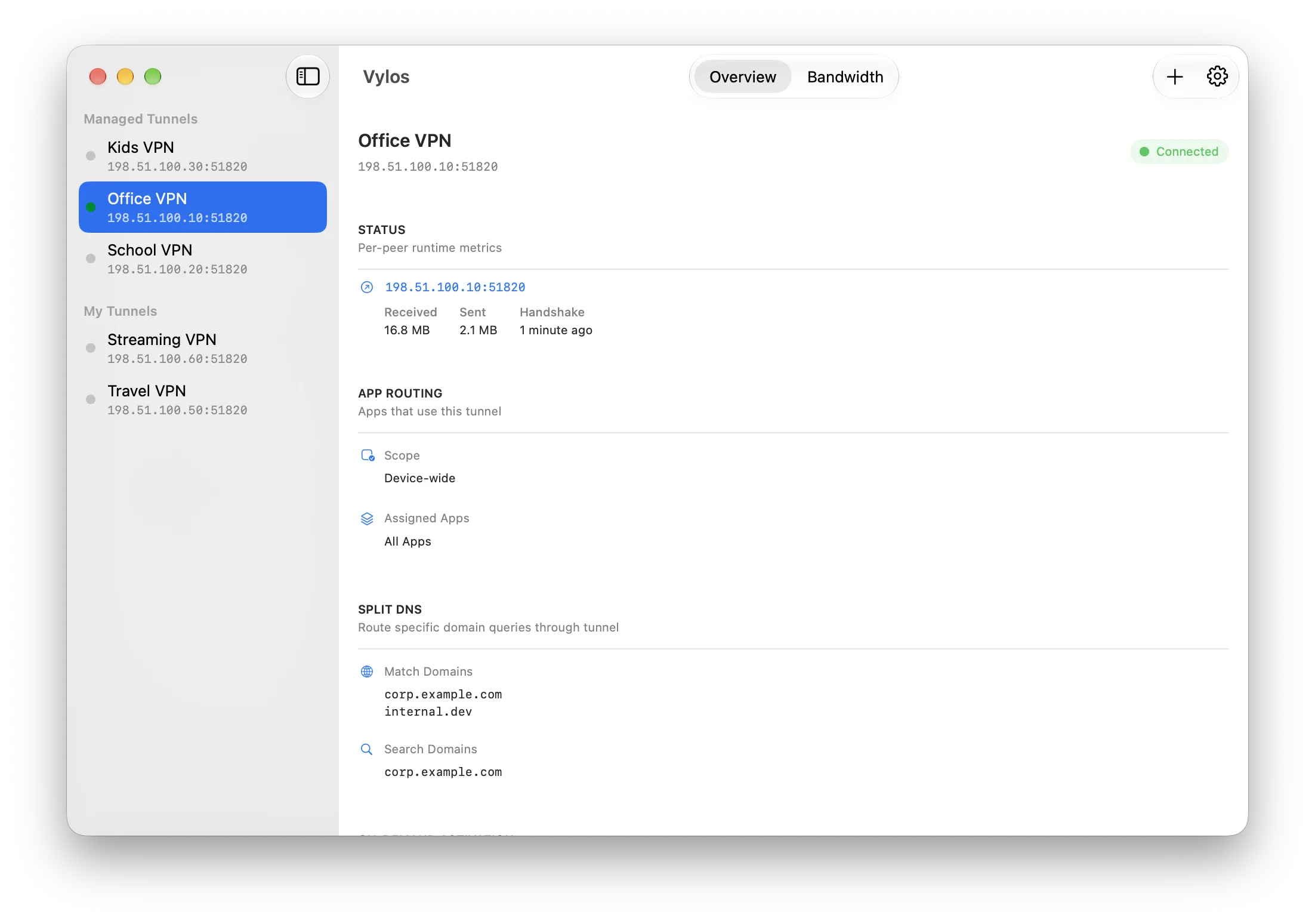 Vylos on macOS with the connected on-demand Office VPN selected