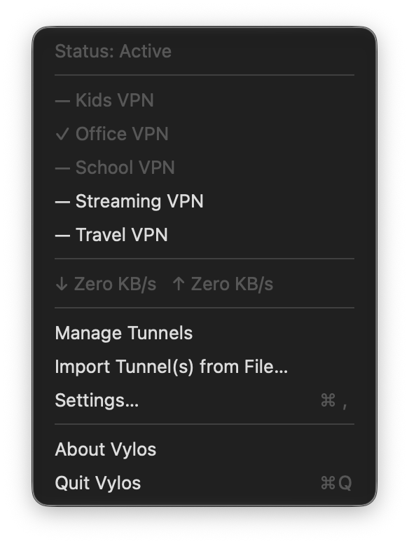 Vylos menu bar dropdown showing tunnel status, five tunnels, live bandwidth, and management actions