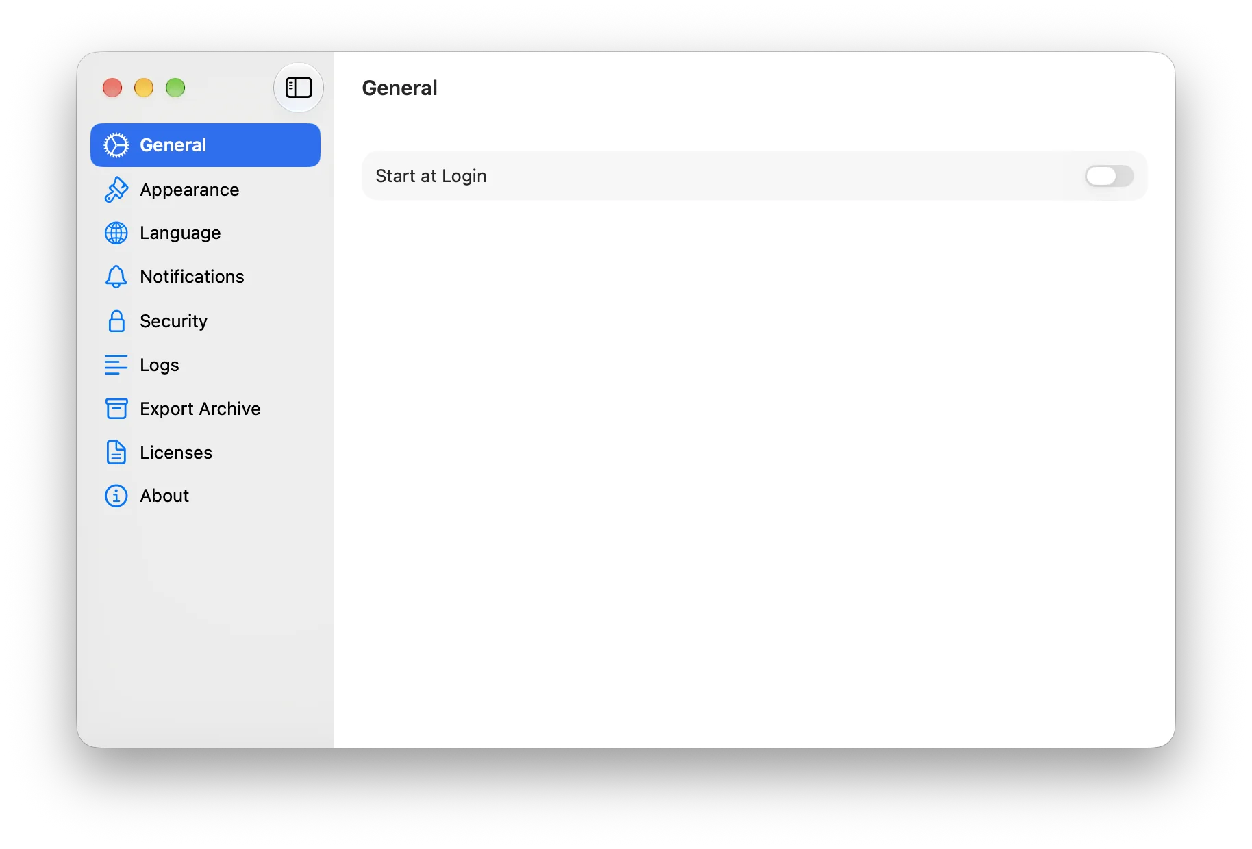 Vylos Settings window on macOS