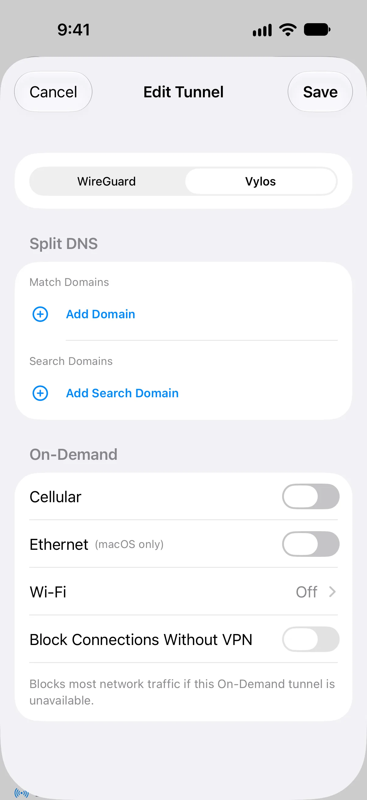 Tunnel edit form on the Vylos tab, showing on-demand and split DNS sections