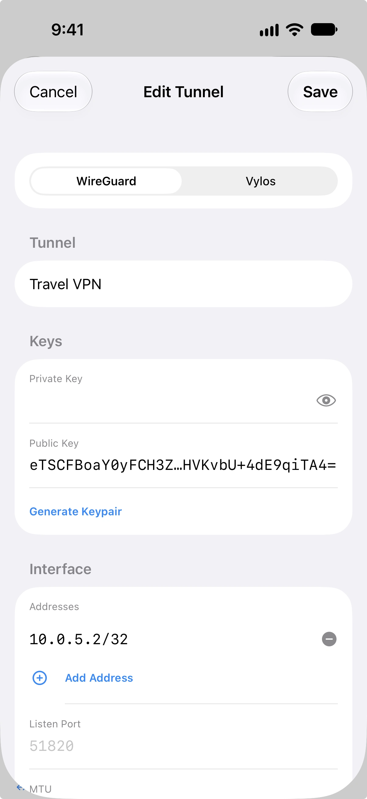 Tunnel edit form on the WireGuard tab