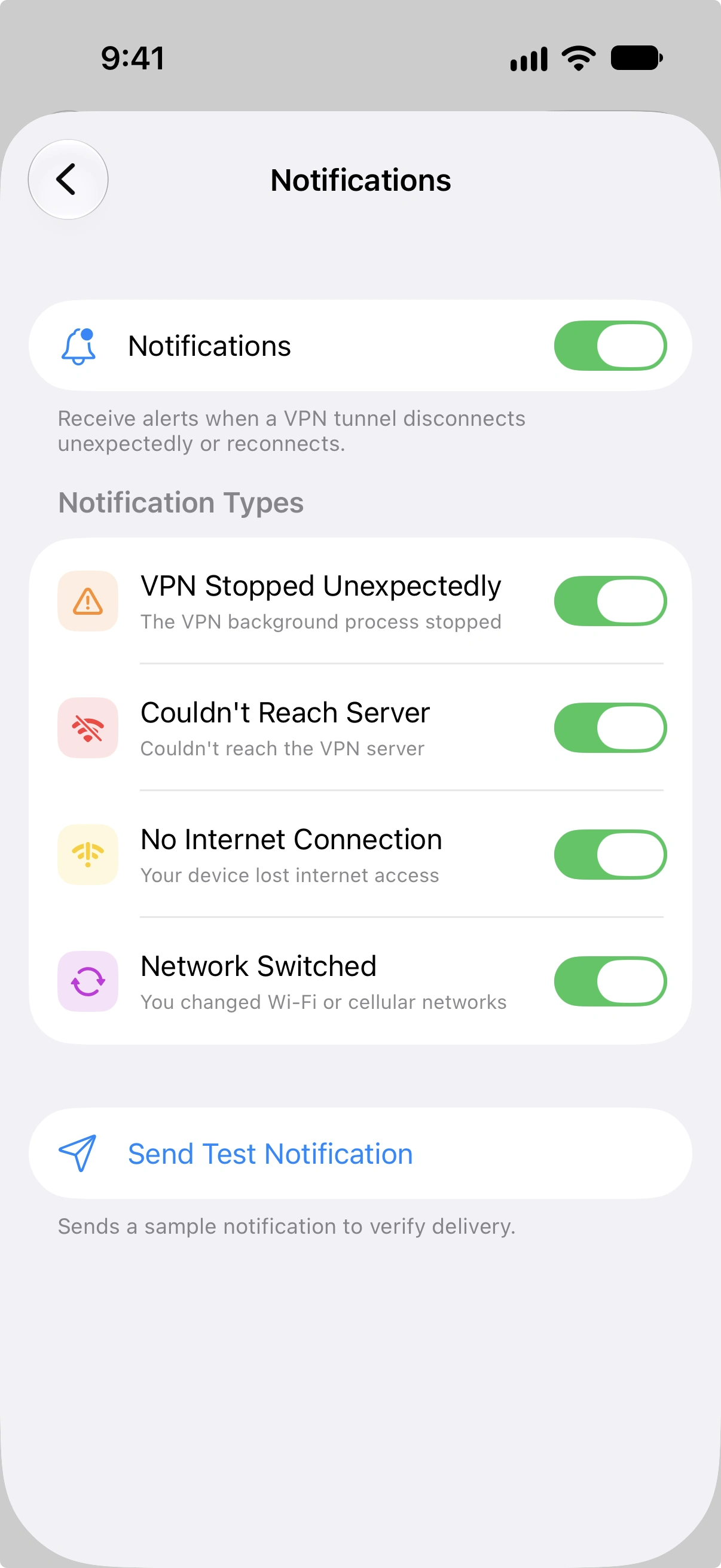 Notifications settings screen with master toggle, four type toggles, and Send Test Notification button