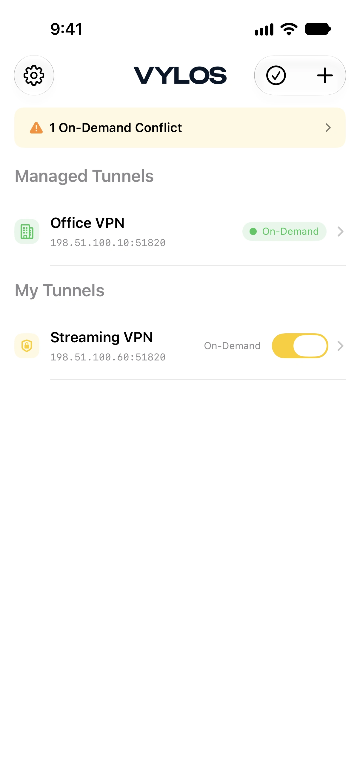 Home screen with warning banner indicating an on-demand rule clash