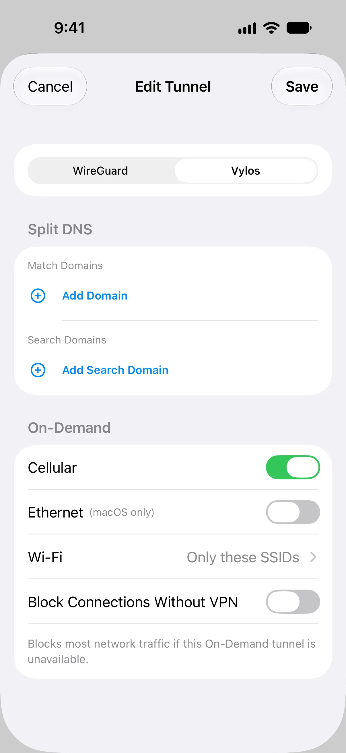 On-demand section in the tunnel edit form with cellular enabled and Wi-Fi set to specific SSIDs