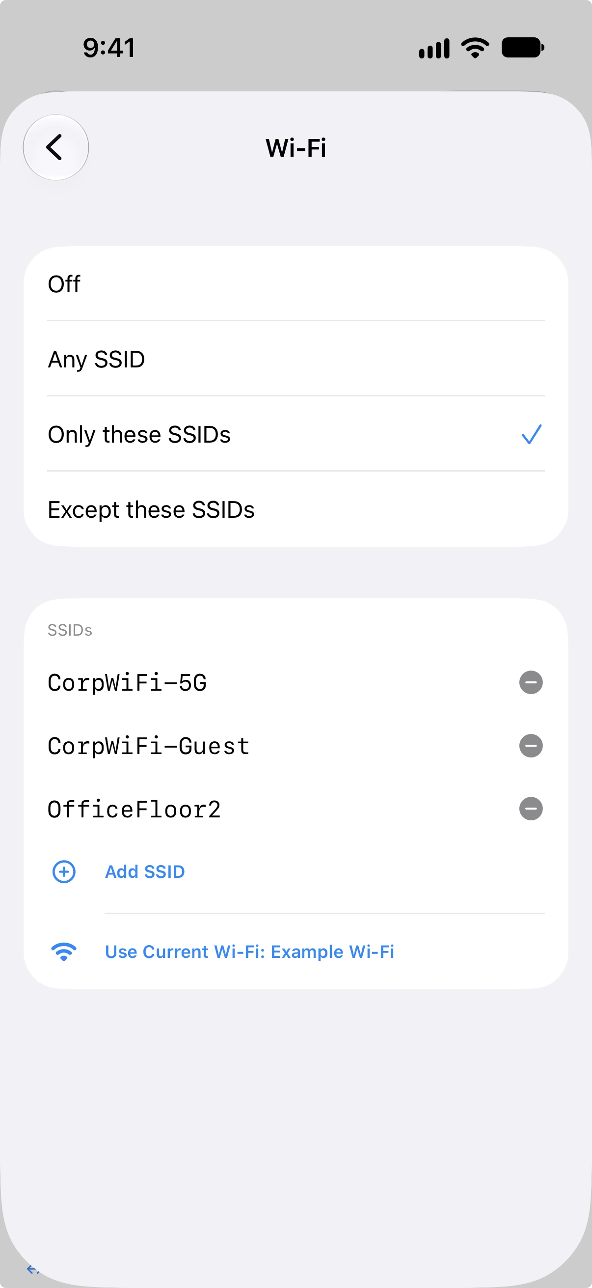 Wi-Fi SSID list editor showing three specific SSID entries