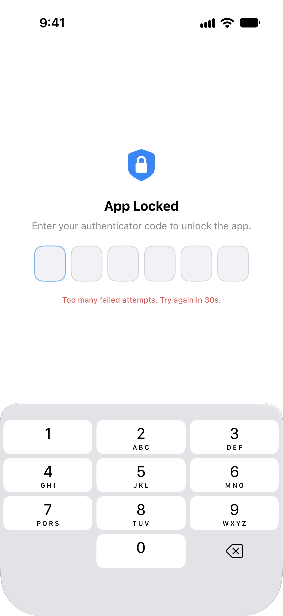 Lock overlay displaying a 'Too many failed attempts' message with a retry countdown