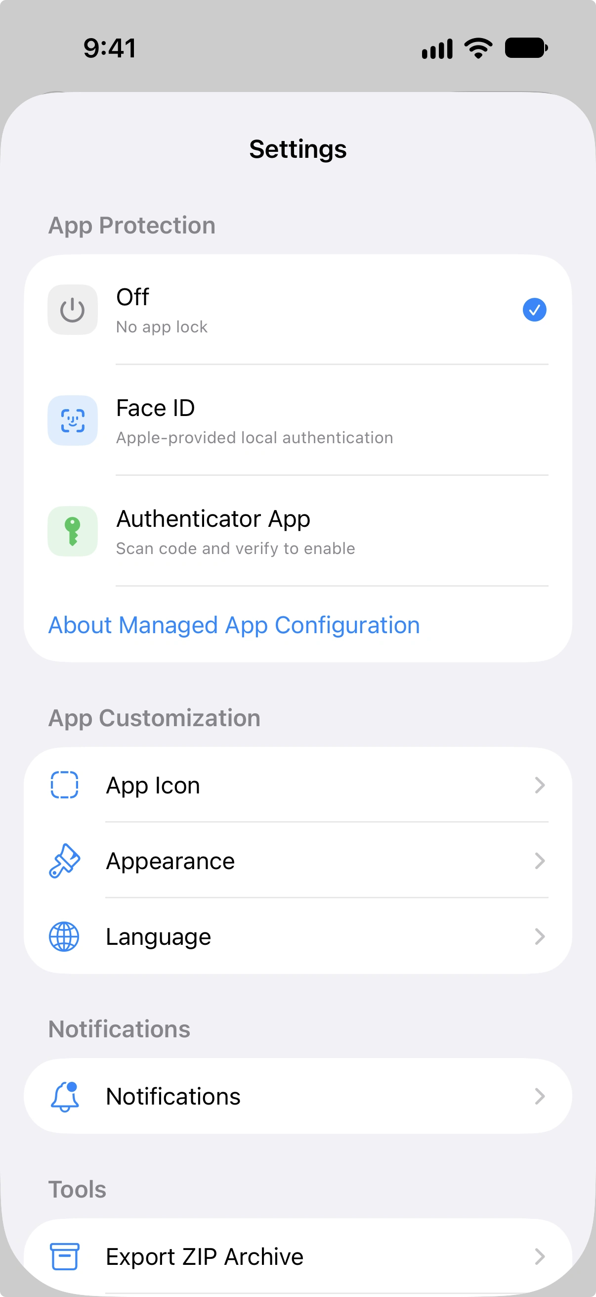 App Protection settings with method picker (Off, Local Authentication, Authenticator App)