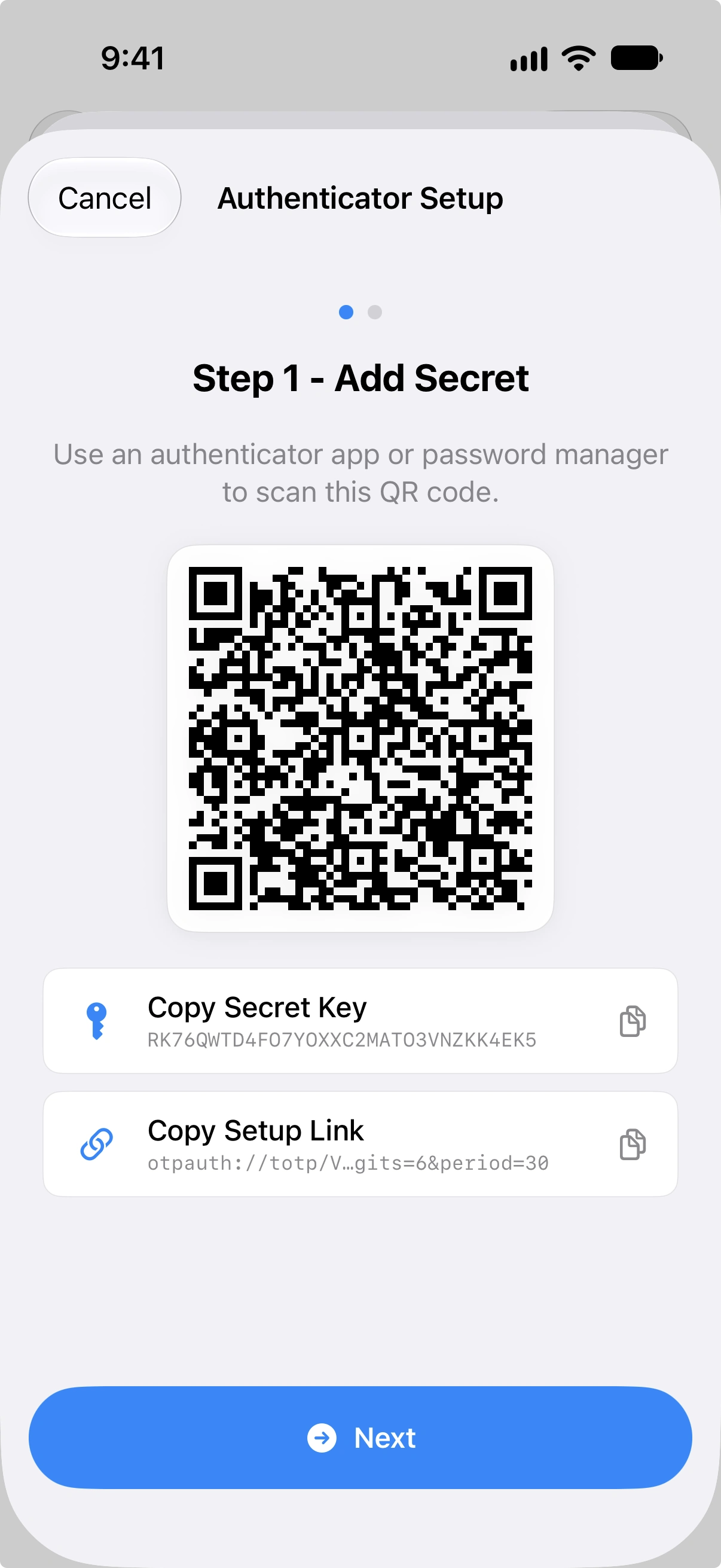 TOTP setup screen with QR code, manual Base32 key, and 6-digit verification field