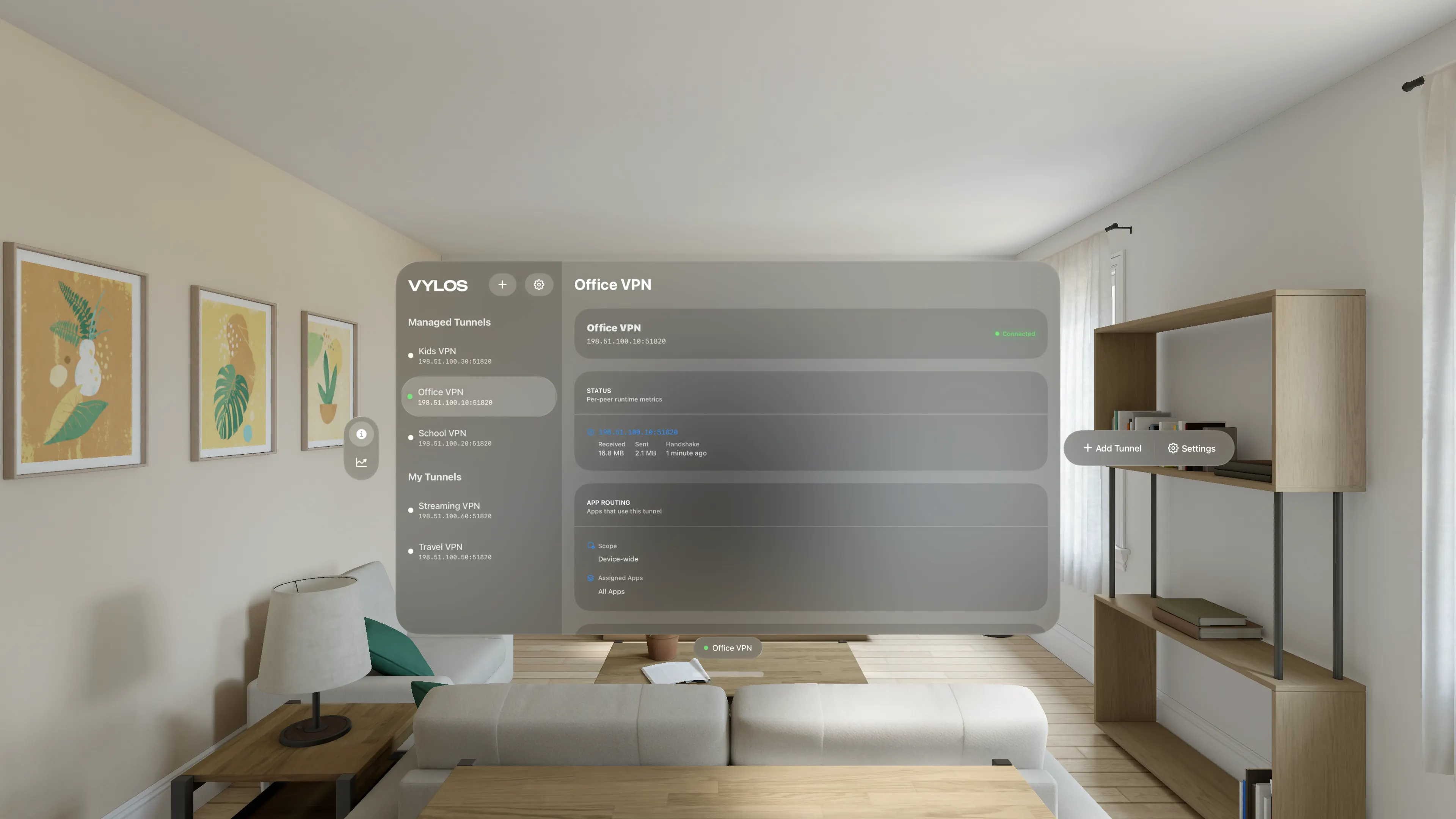 Vylos a l'Apple Vision Pro amb l'Office VPN sota demanda connectada i seleccionada