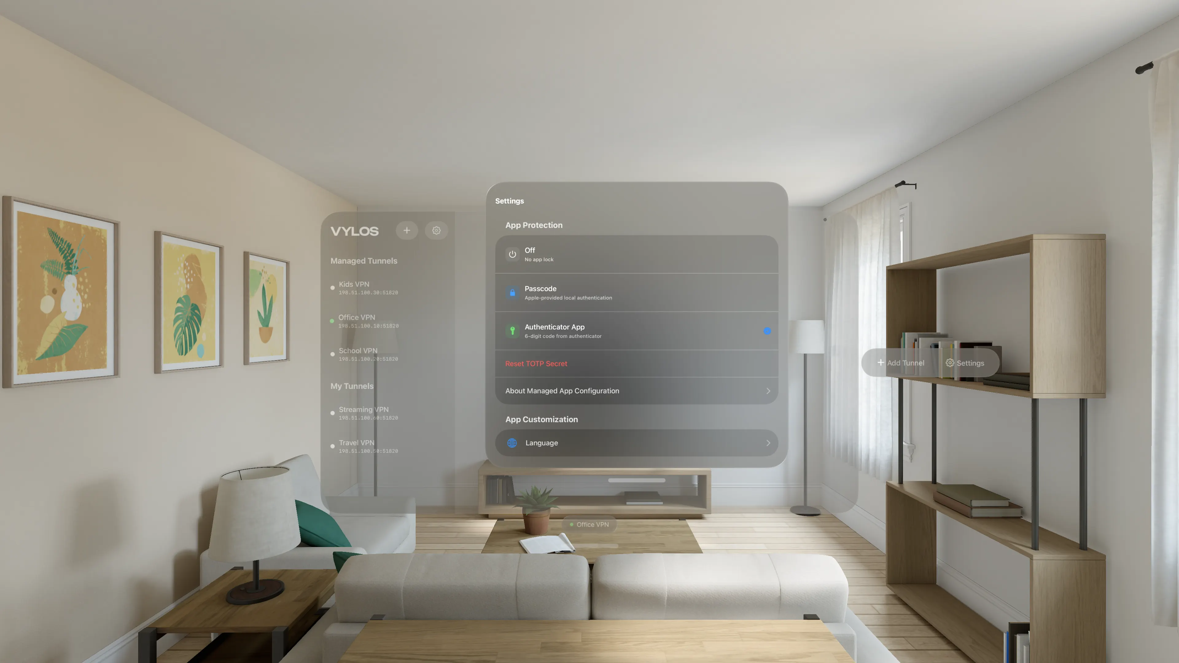 Finestra de configuració de Vylos a l'Apple Vision Pro